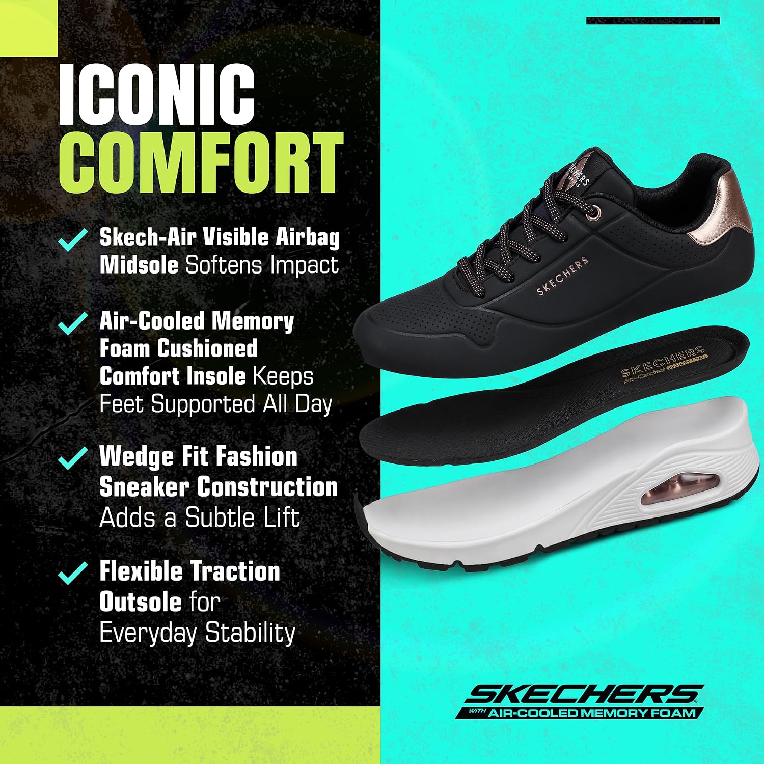 Detalle de Skechers Damen Uno Shimmer Away Sneaker, Schwarz Durabuck, EU 41