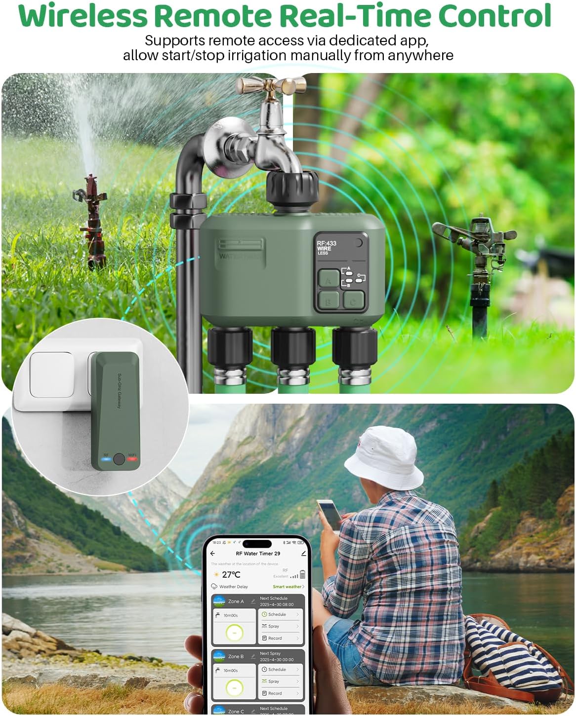 Detalle de Shrivee Timer per irrigazione WiFi 3 vie a batteria con controllo smart (Tuya/Alexa/Google Home)
