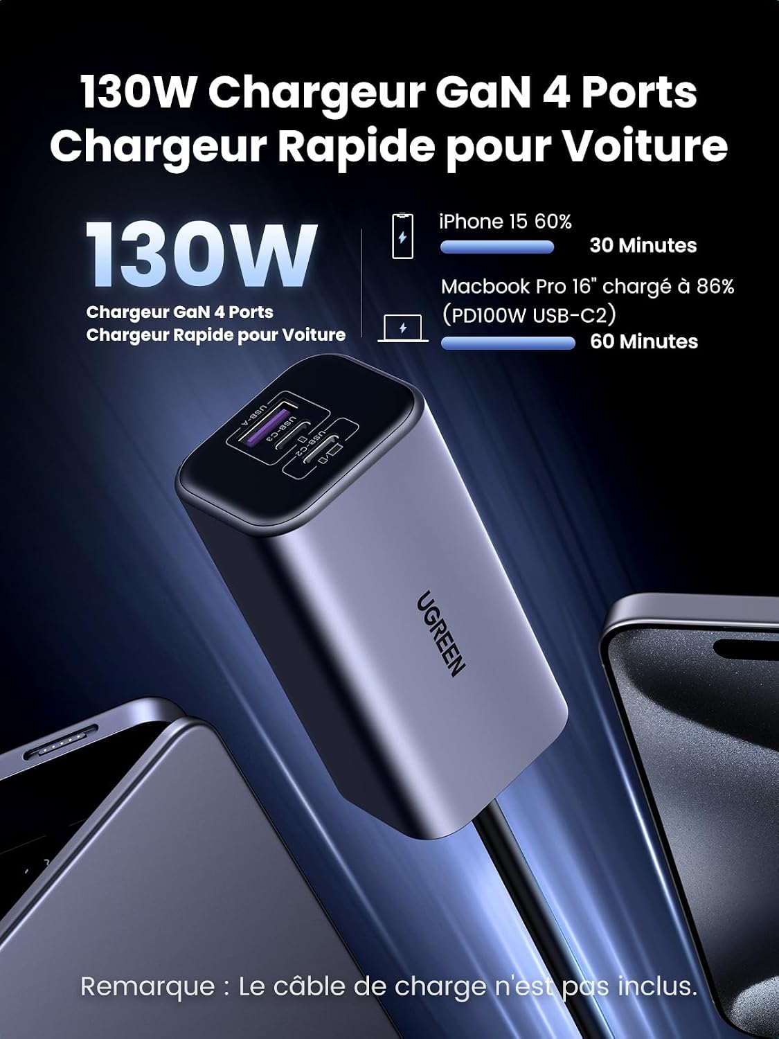 Detalle 2 de UGREEN 130W Allume Cigare USB‑C GaN PD 3.0 QC 4.0 PPS – Chargeur voiture 4 ports