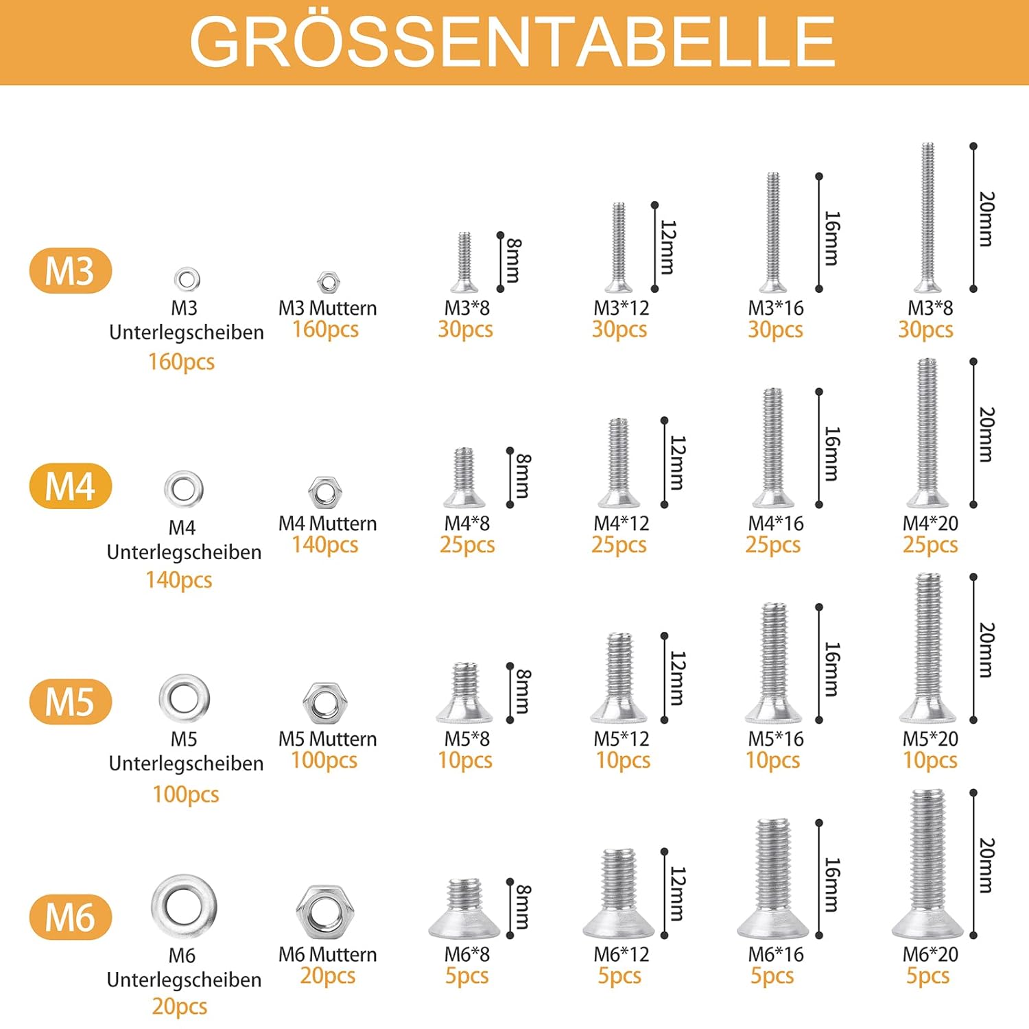 Thumbnail 1 de VIGRUE 1120PCS M3–M6 Senkkopfschrauben, Innensechskant, A2-70 Edelstahl, Inklusive Muttern, Unterlegscheiben & Aufbewahrungsbox