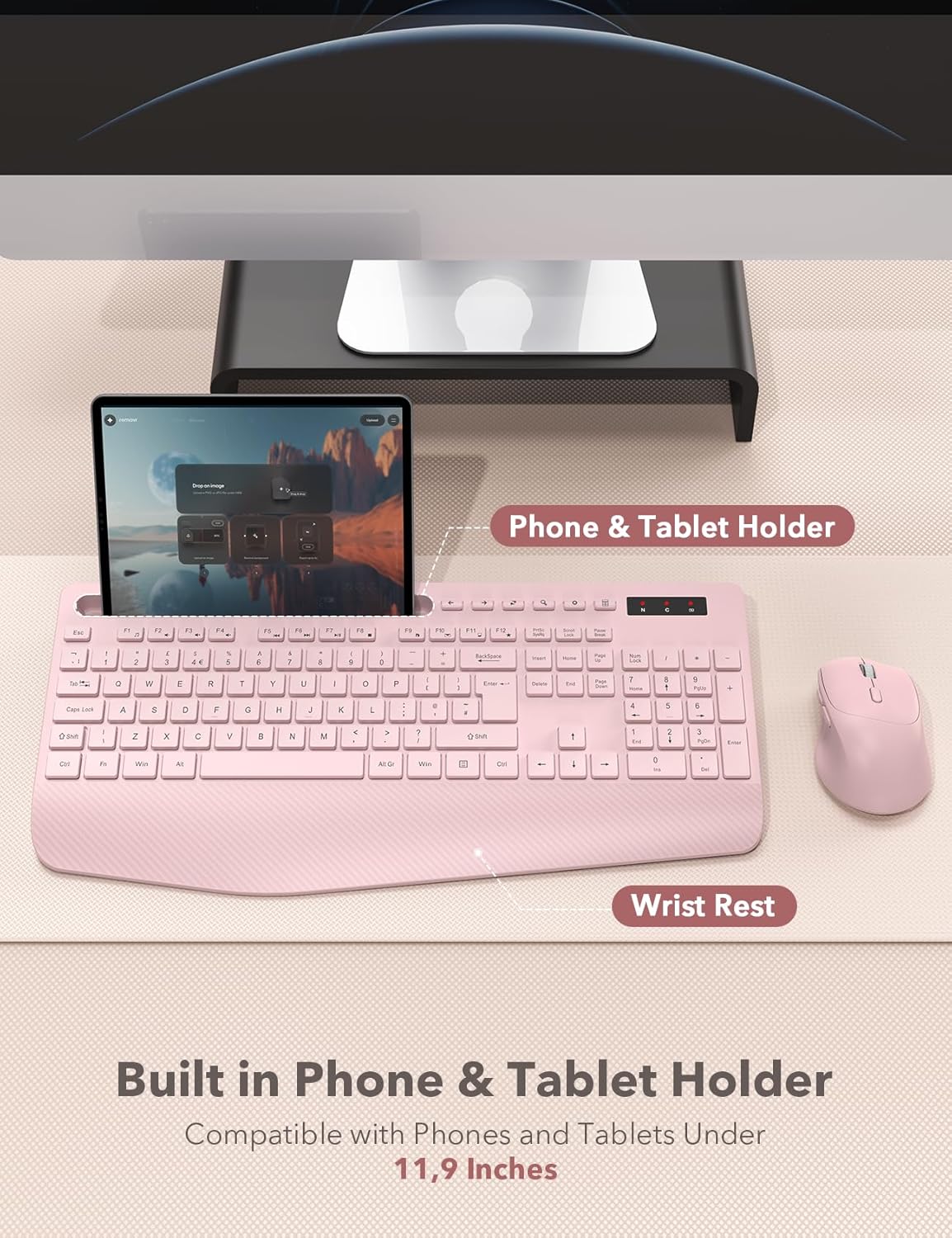Thumbnail 2 de Wireless Keyboard and Mouse Combo (Pink) — Full-Size, Ergonomic with Wrist Rest