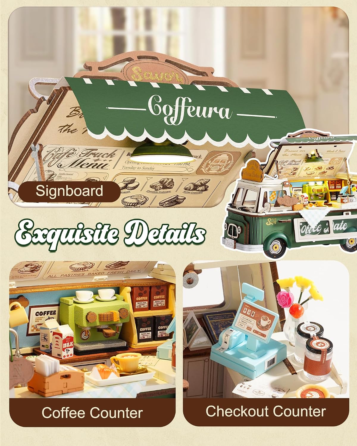 Detalle de Rolife Leo's Coffee Truck 3D Puzzle: A Detailed Miniature Model Kit for Adults
