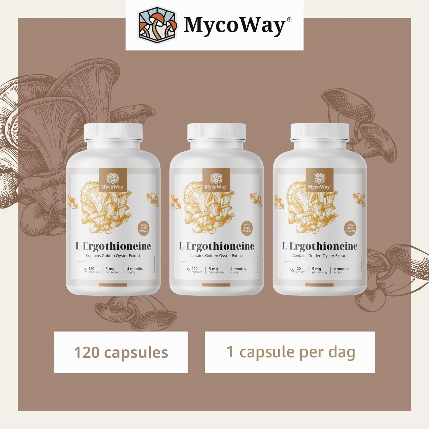 Detalle de MycoWay L-ergothioneïne 5 mg capsules met gele-oesterzwamextract, 120 stuks