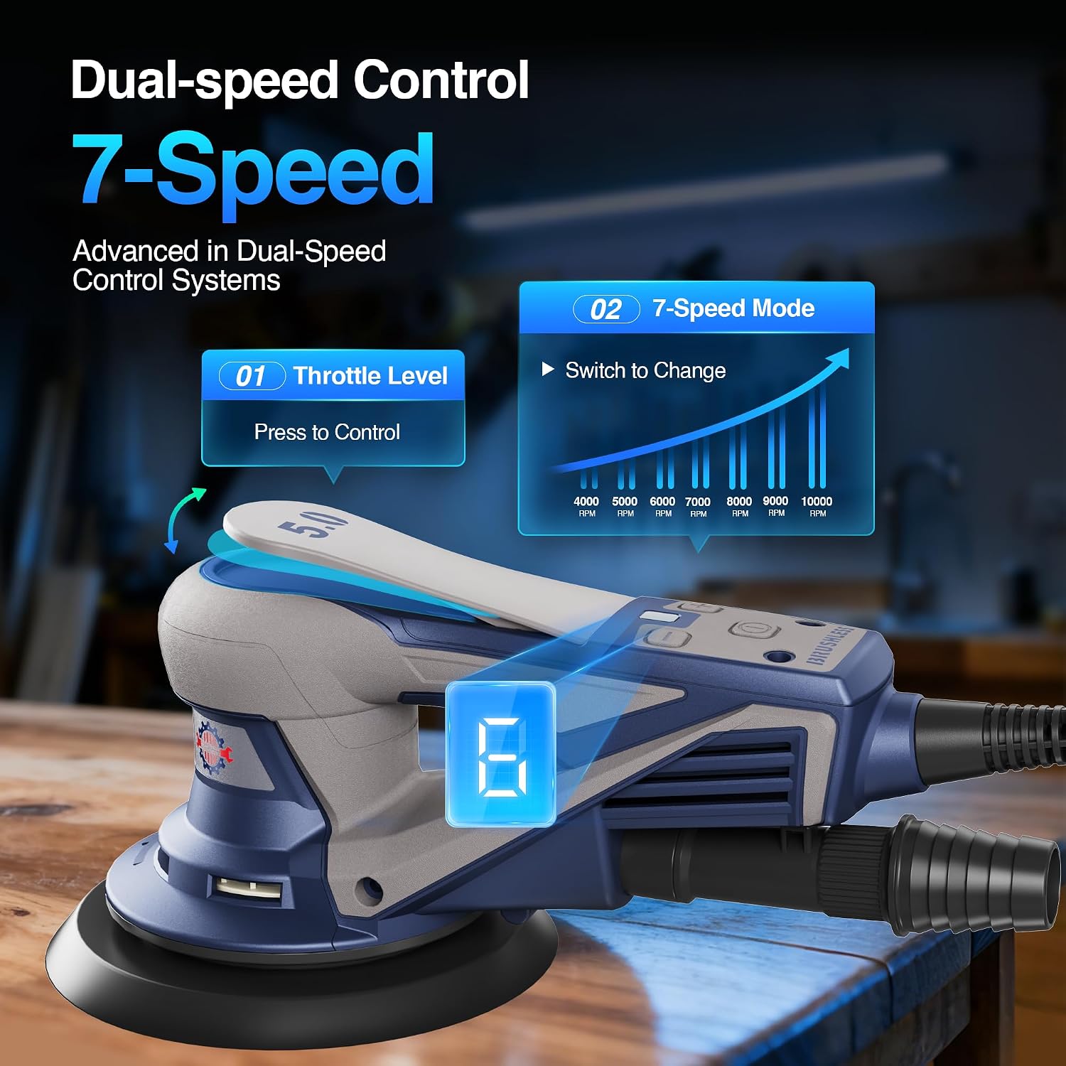 Thumbnail 2 de HeroJet Brushless Random Orbital Sander with 150mm/125mm Plates, 7 Speed Control and BrakeSnap stopping