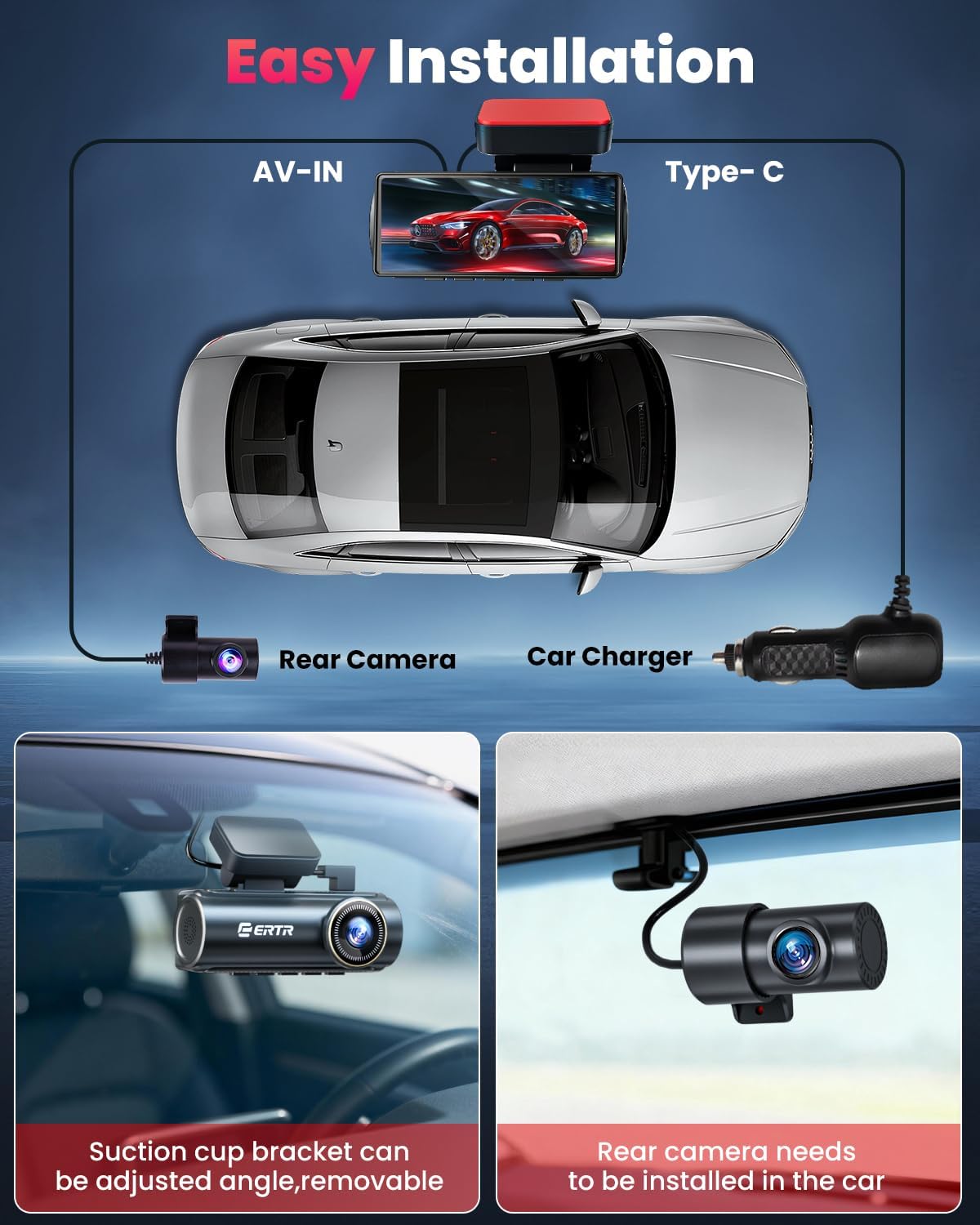Thumbnail 3 de 4K Dash Cam Front and Rear with 64GB SD Card — Dual 4K/1080P, 5GHz Wi‑Fi, App Control