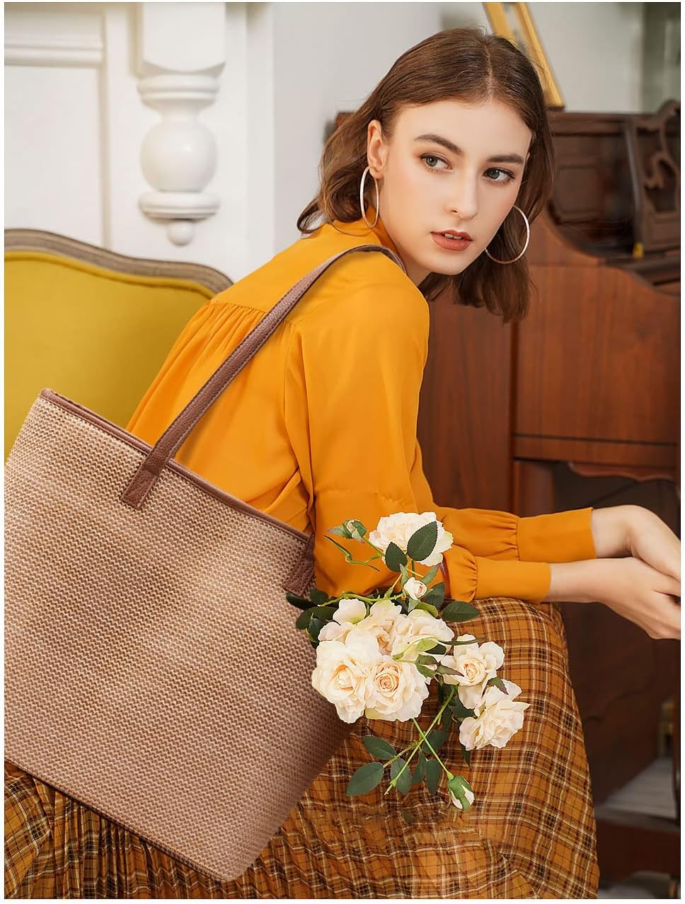 Thumbnail 2 de KALIDI Straw Tote Beach Bag: Striped Shoulder Handbag with PU Leather Handles