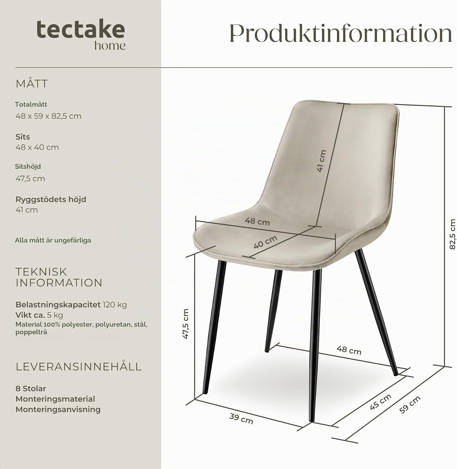 Detalle de tectake Monroe 404941 matstolar, 8-pack i sammetslook med stoppad sits