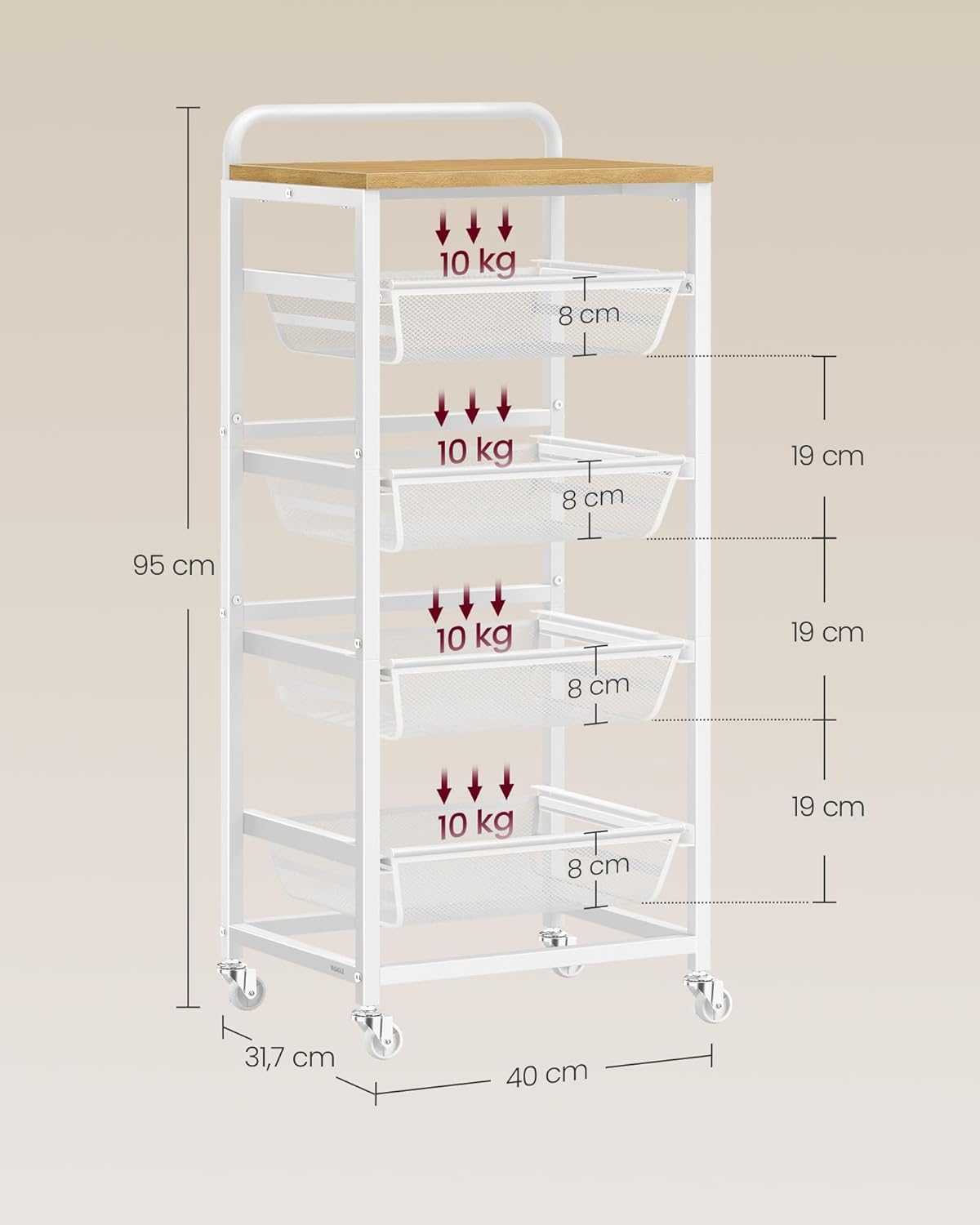 Thumbnail 5 de VASAGLE Carrello da Cucina a 5 Ripiani con Cesti Scorrevoli – Rovere Dorato e Bianco Opaco (LRC041YA01)