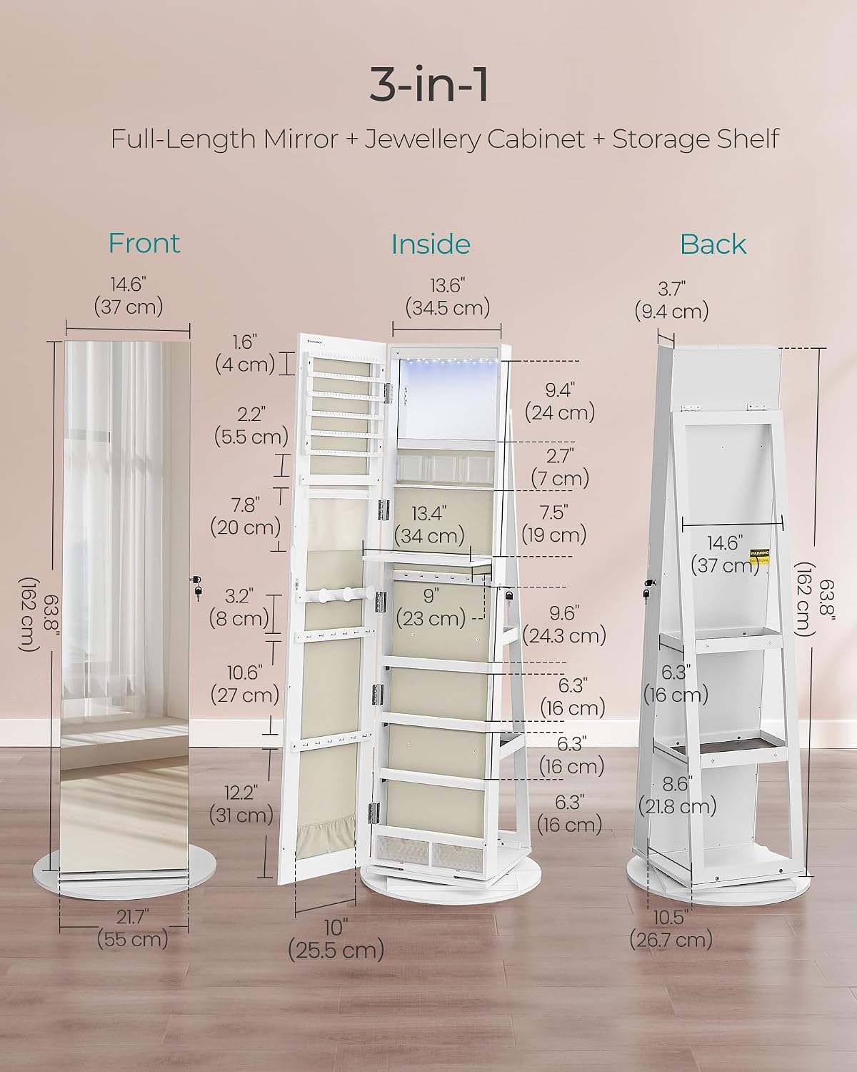 Thumbnail 4 de SONGMICS BERIT JJC007W02 360° Swivel Jewellery Cabinet with LED Lights