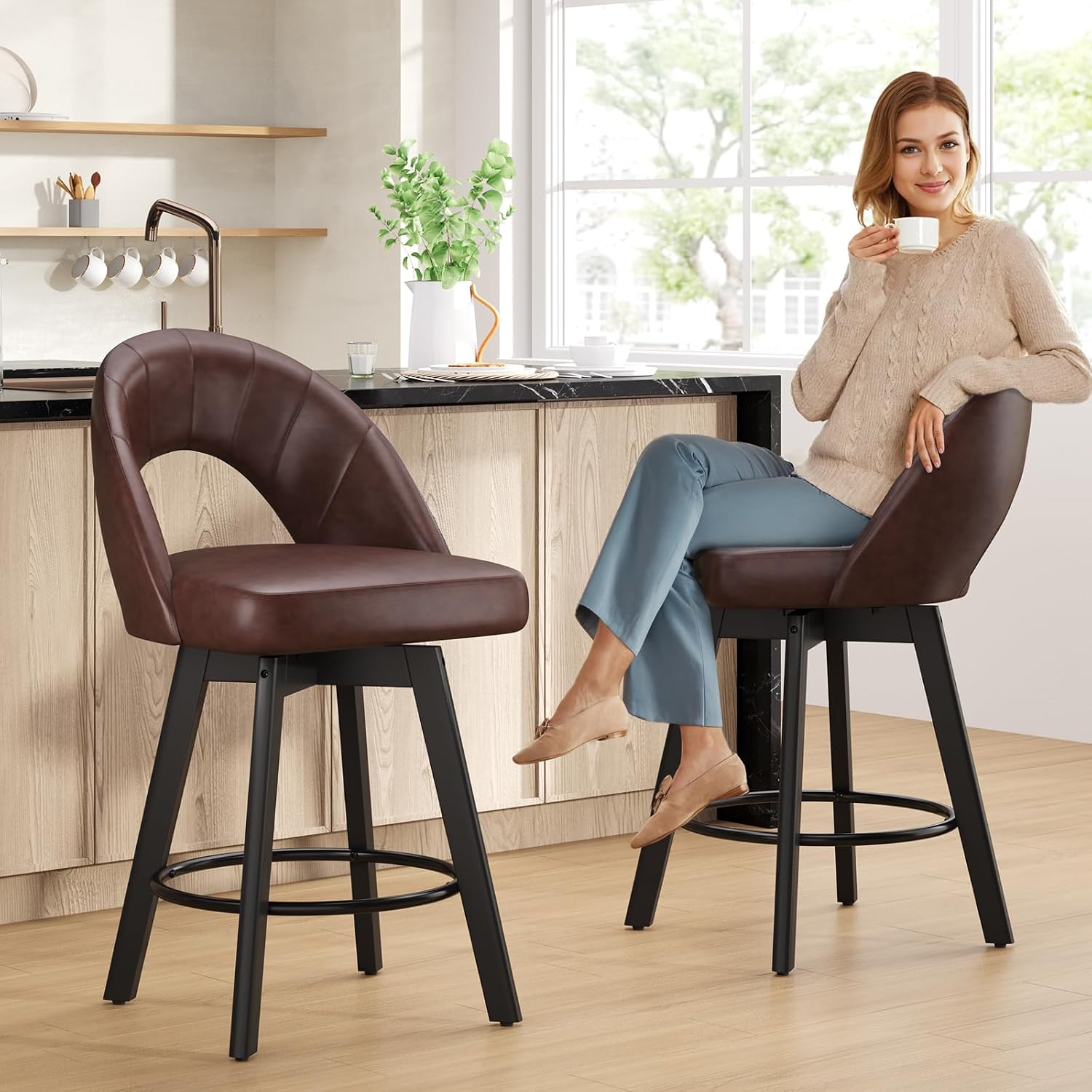 Detalle 2 de YaFiti FW_847 Counter-Height Swivel Bar Stools, Set of 3, Saddle Brown