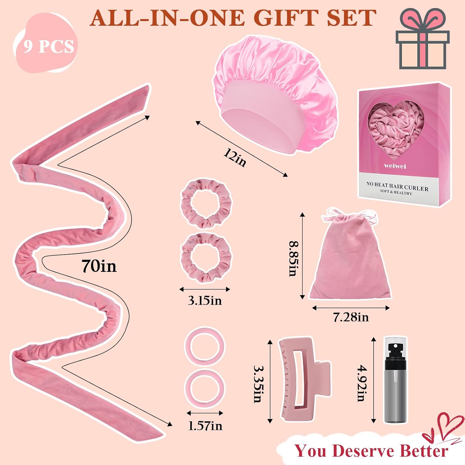 Thumbnail 5 de weiwei Lockenwickler Über Nacht (70 Zoll) aus Samt – Heatless Overnight Curls Set für lange Haare, 9-teilig (Rosa)