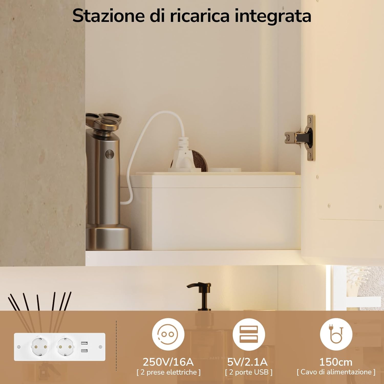 Thumbnail 5 de mojiasion Specchio Bagno Contenitore 60x78x18 cm con Luce LED 3 Lati, Touch, USB e Porta asciugacapelli/Asciugamani