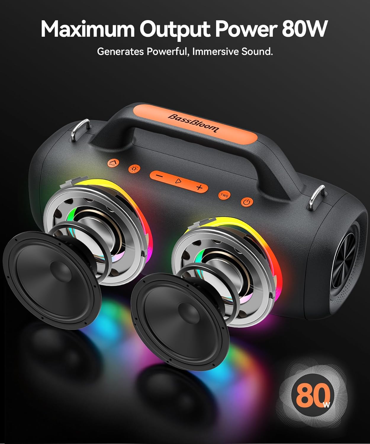 Detalle 2 de BassBloom Roar 1 Portable Bluetooth Speaker: 60W Bass, RGB Lights, IPX6, 24H Playtime