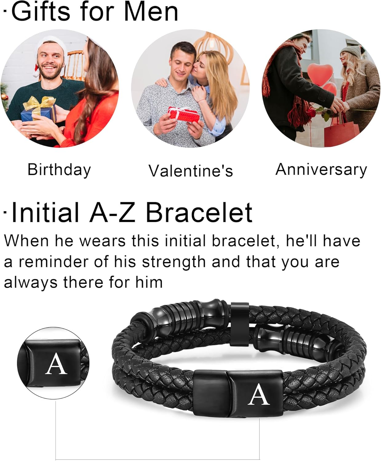 Thumbnail 6 de TOLOWOBK Mens Leather Bracelet with Initial A–Z – Black Braided Double Layer, Hypoallergenic Magnetic Clasp