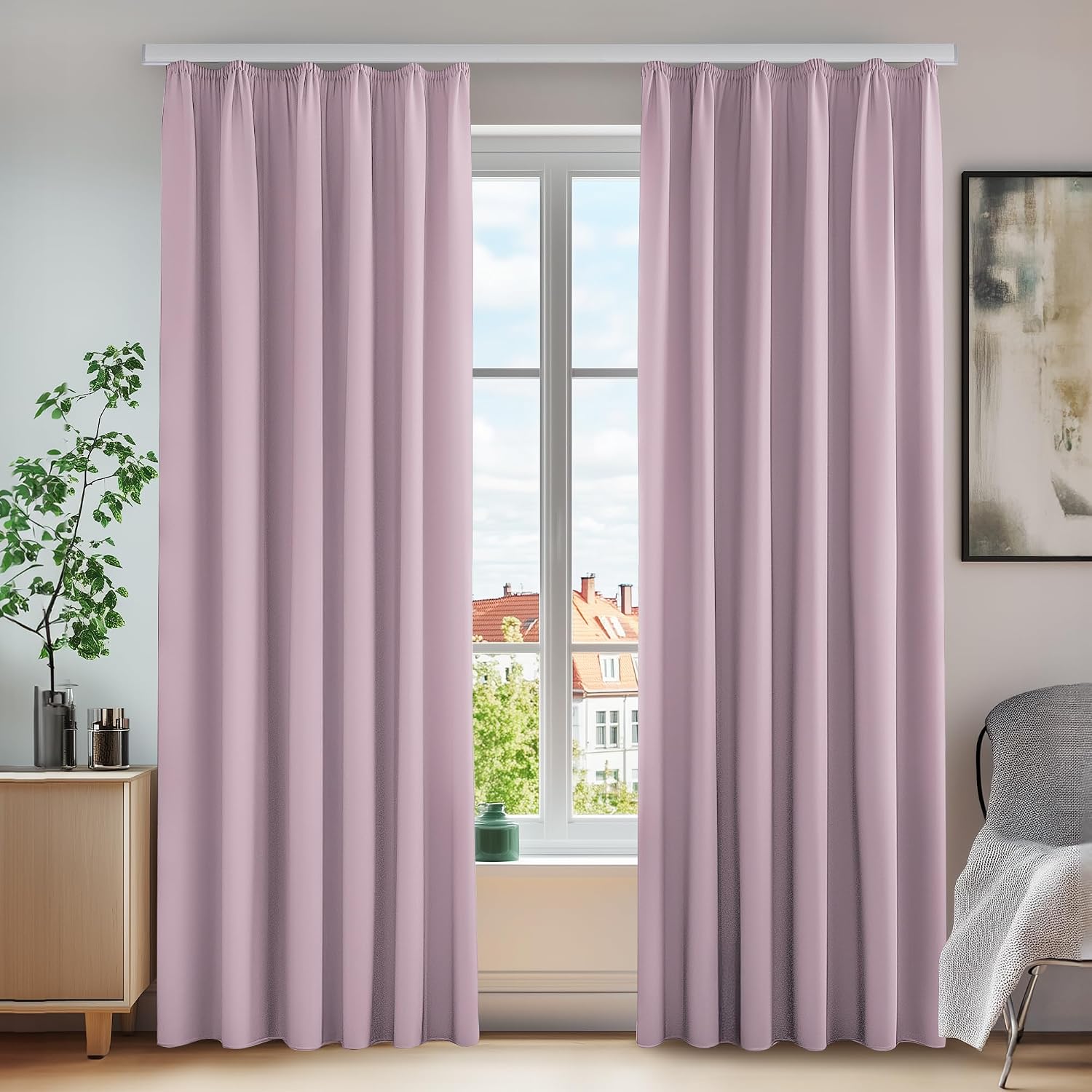 Detalle de Deconovo Verdunkelungsvorhänge mit Kräuselband (245x140 cm), Hellpink – 2er Set