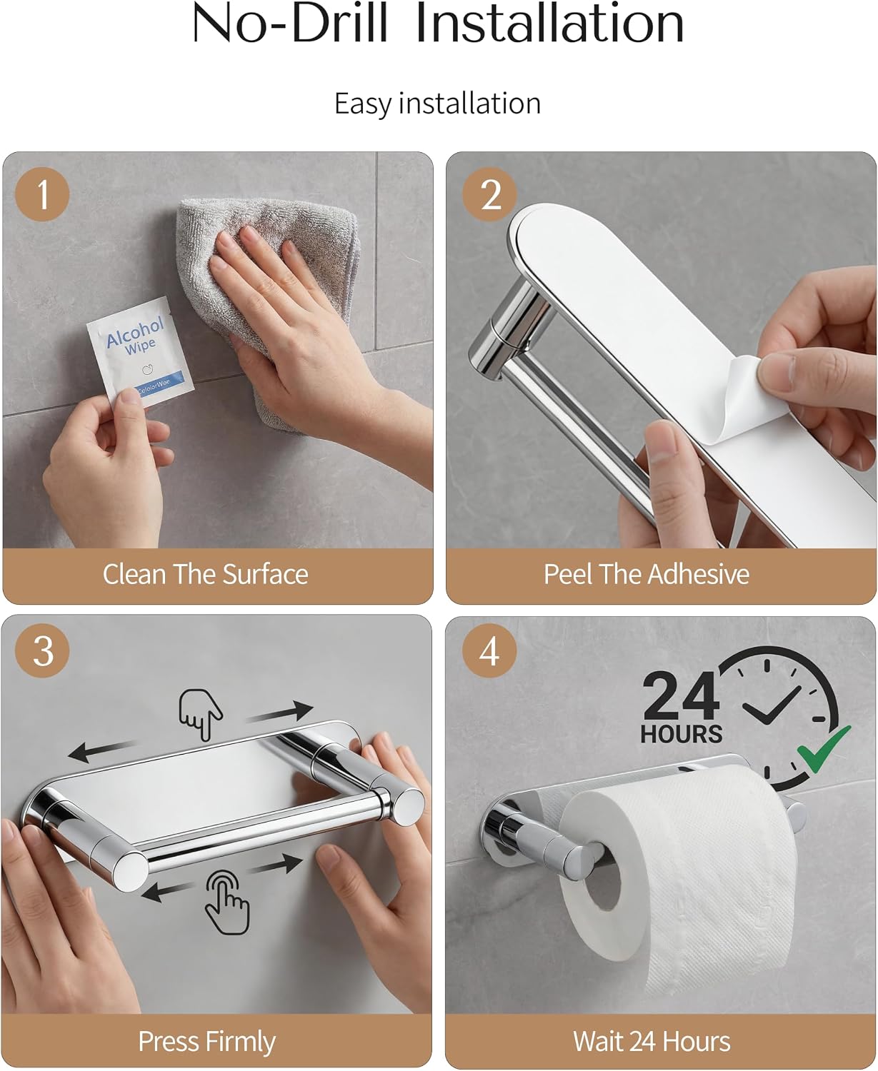 Thumbnail 6 de WZRUA self-adhesive double-post pivoting toilet roll holder (chrome stainless steel, no drilling)