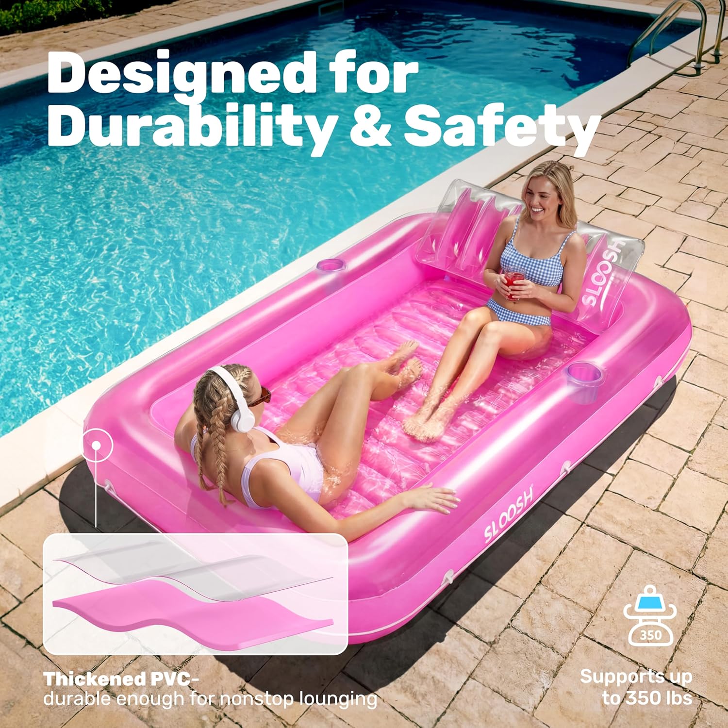 Thumbnail 4 de SLOOSH Inflatable Tanning Pool Lounger Float (85" x 57"), XL Pink