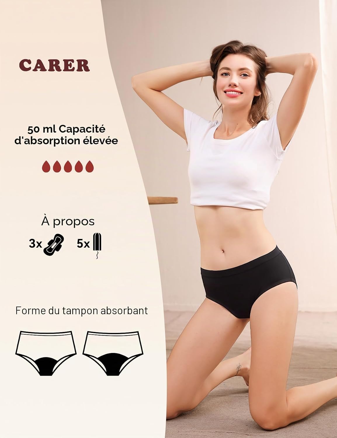 Detalle de Carer Lot de 5 Culottes Menstruelles Lavables et Imperméables pour Femme – Taille M