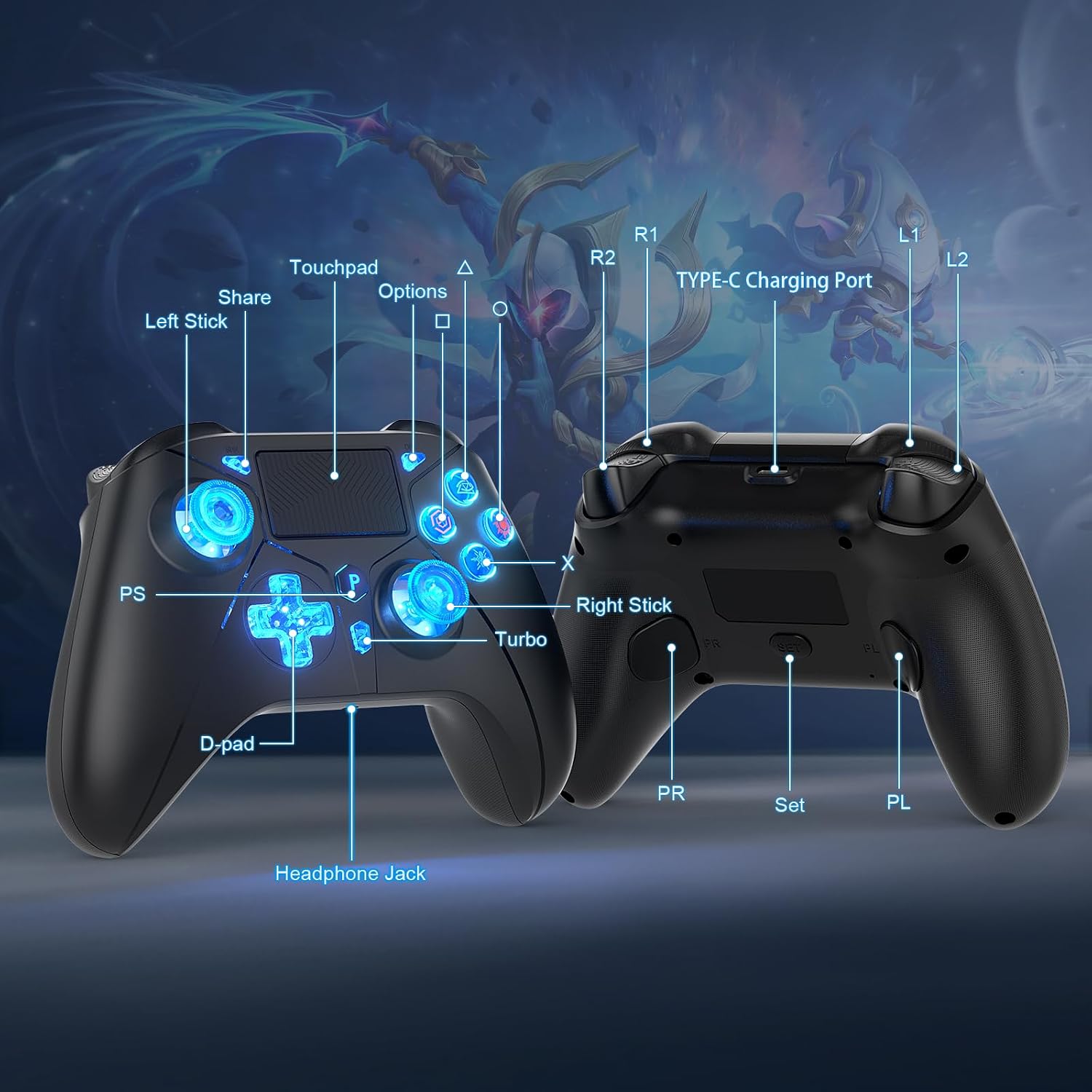 Detalle de Dinosoo RGB Wireless Controller with LED Light & Remap Back Buttons for PS5, PC