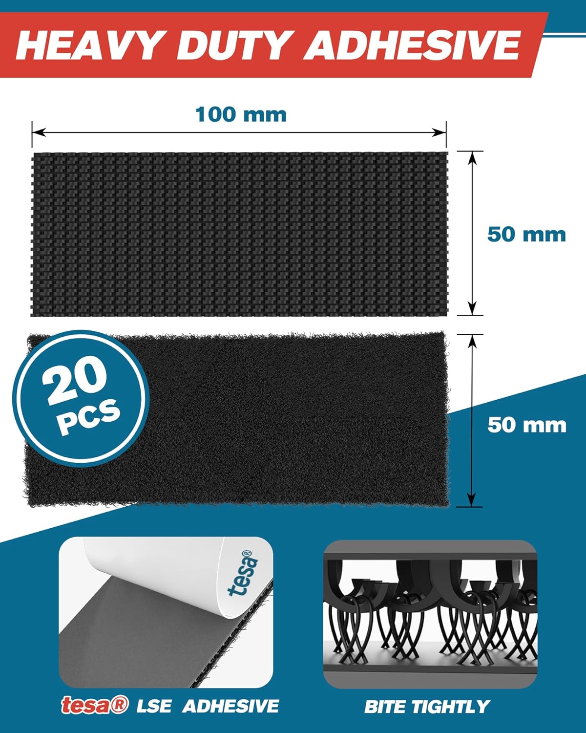 Thumbnail 1 de Emitever Picture Hanging Strips (20 pairs) 50mm x 100mm heavy duty hook and loop double-sided tape, black