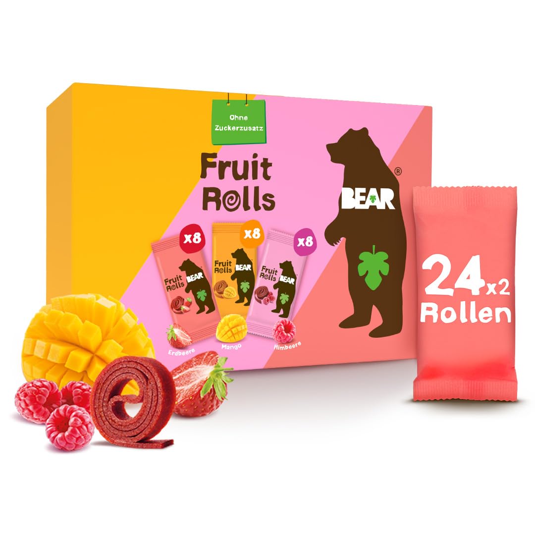 Detalle de BEAR Fruchtrollen Mixbox – 100% Natürliche Inhaltsstoffe, ohne Zuckerzusatz, 24 Beutel (480 g)