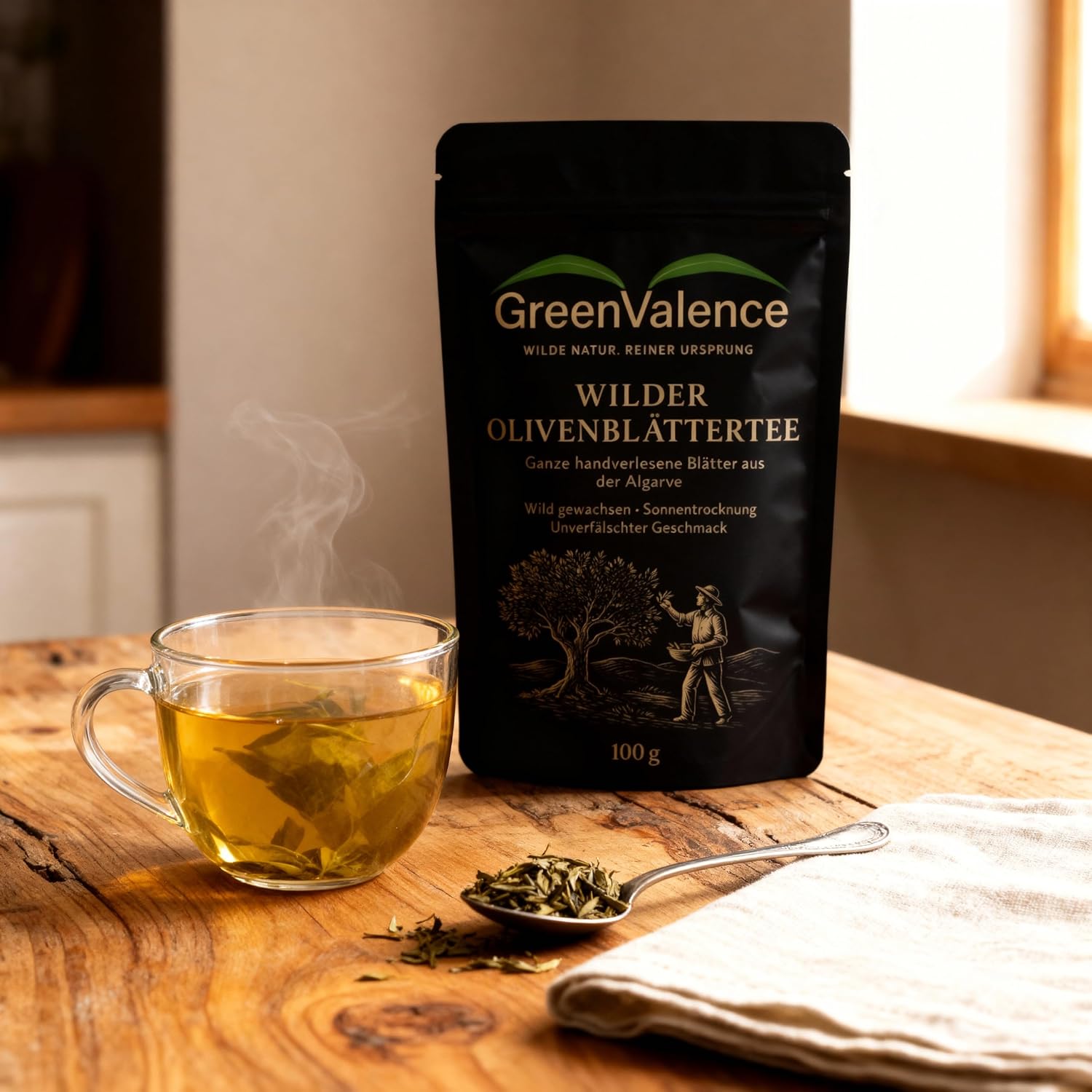 Detalle de GreenValence Wilder Olivenblättertee (250 g) – handverlesene, sonnengetrocknete Olivenblätter aus der Algarve