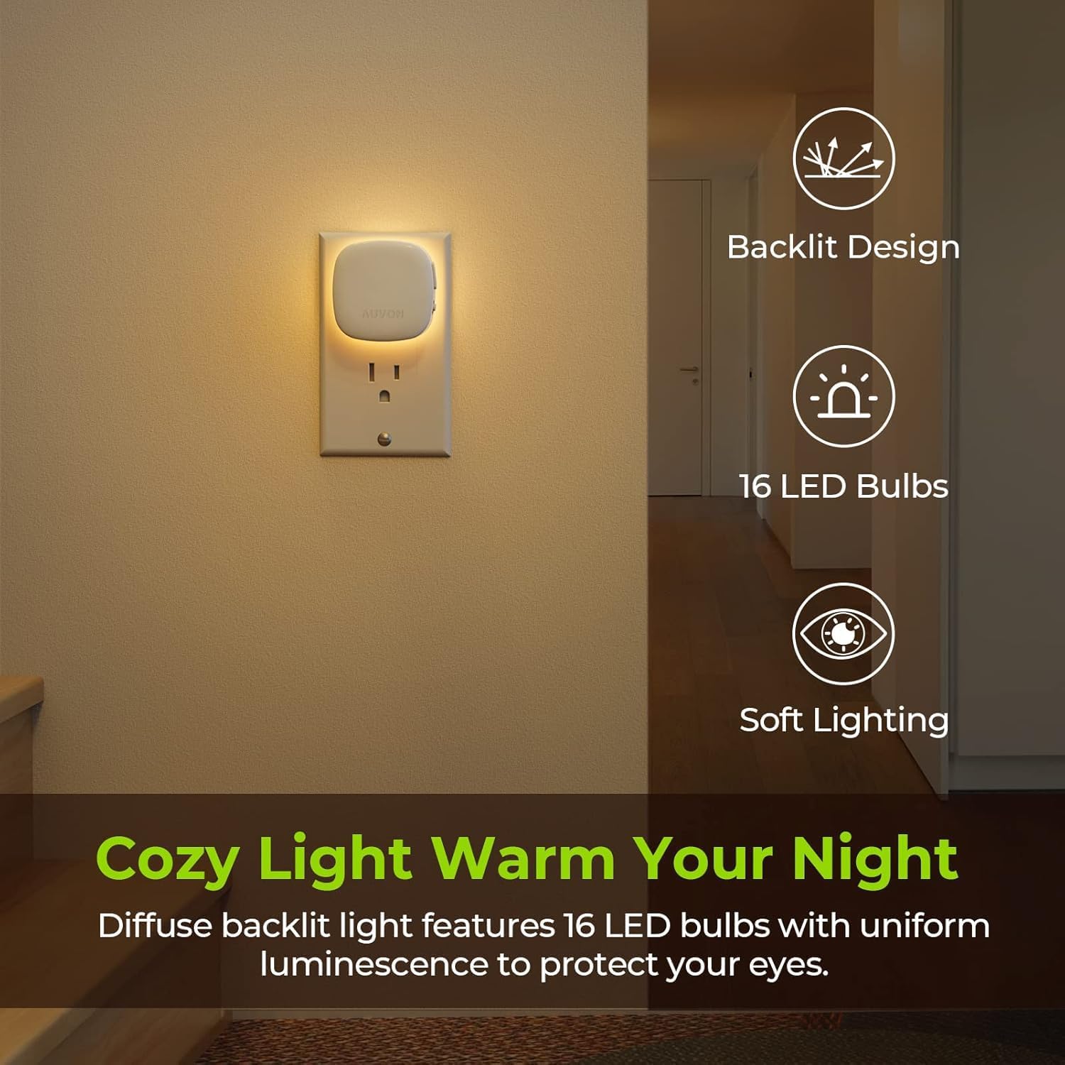 Detalle 2 de AUVON N001A Plug-In LED Backlit Night Lights, 4-Pack, Dimmable with Dual Sensors