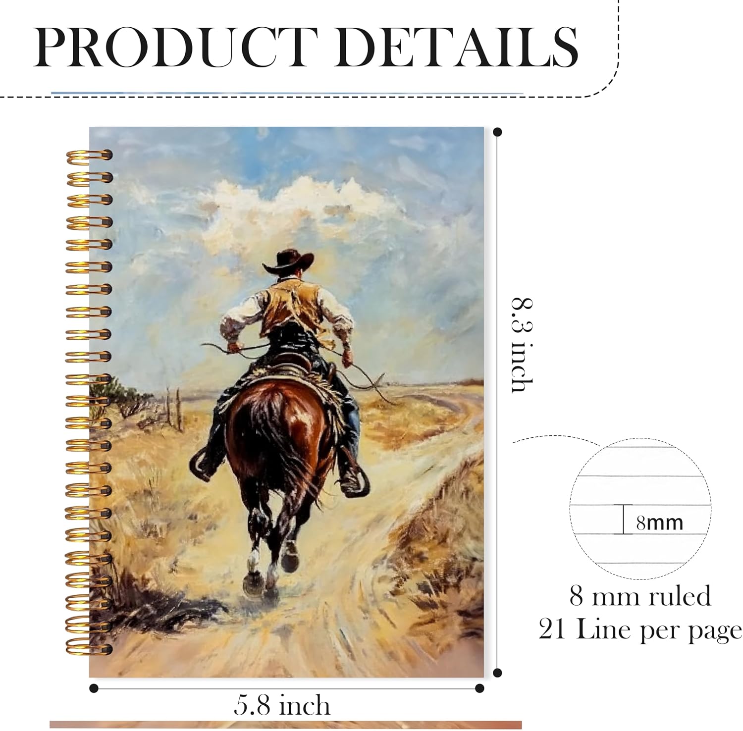 Detalle 2 de LADOCK Rustic Western Cowboy Spiral Notebook, 5.5 x 8.3-Inch Hardcover, 164 Pages