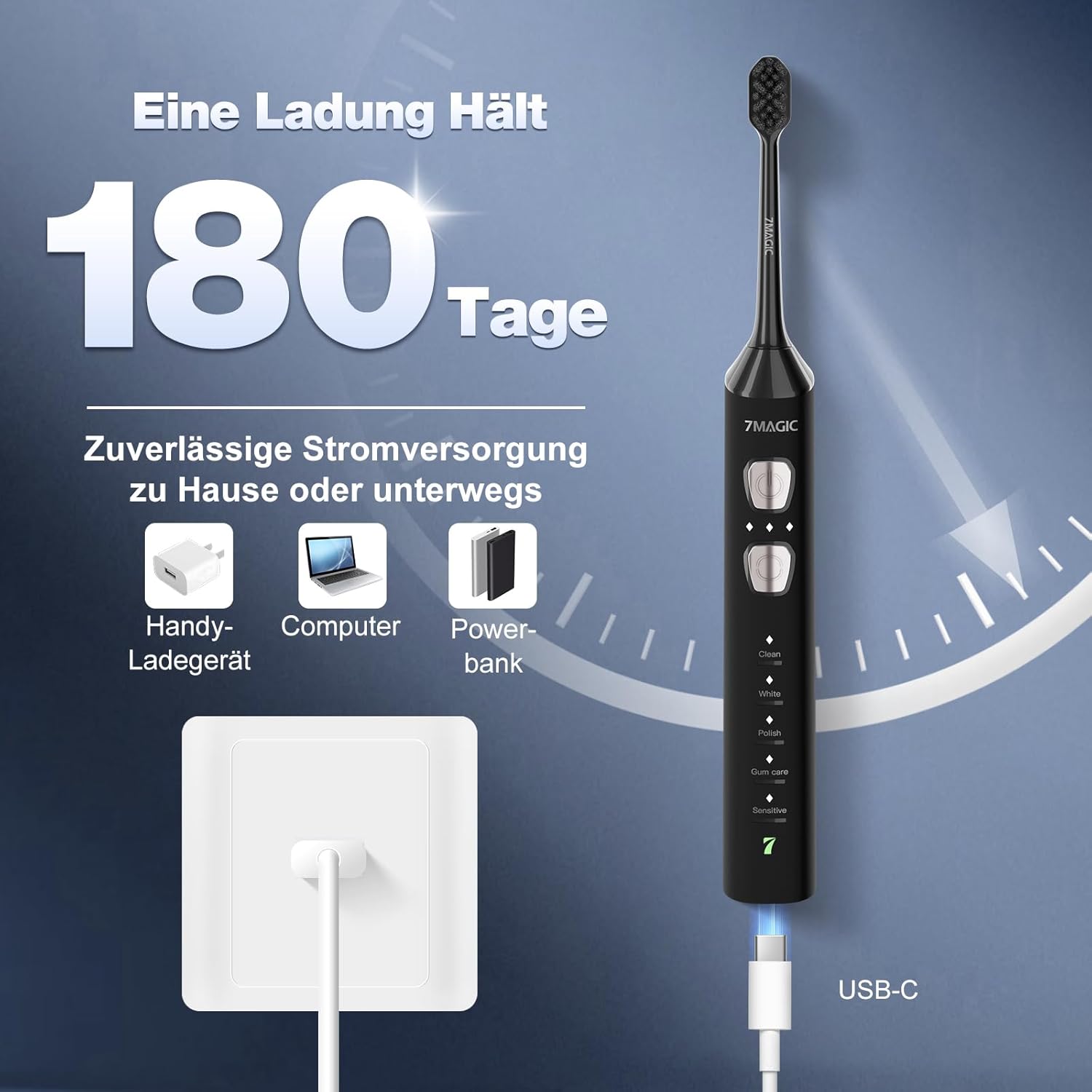 Detalle de 7MAGIC Elektrische Zahnbürste – Schallzahnbürste mit 3 Intensitäten, 5 Modi und langer Akkulaufzeit