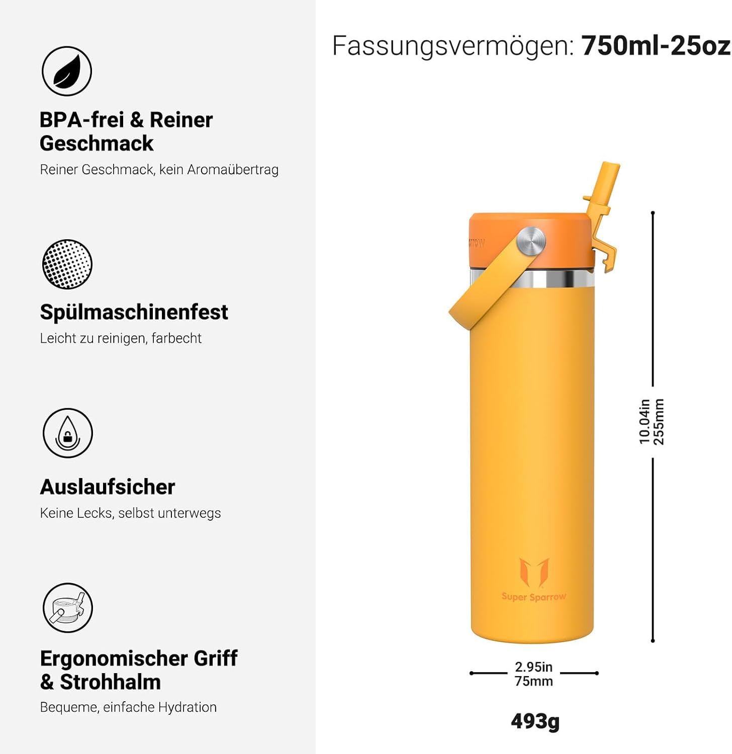 Detalle de Sparrow Trinkflasche Edelstahl 750ml – Weithals, SwivelSip, BPA-frei