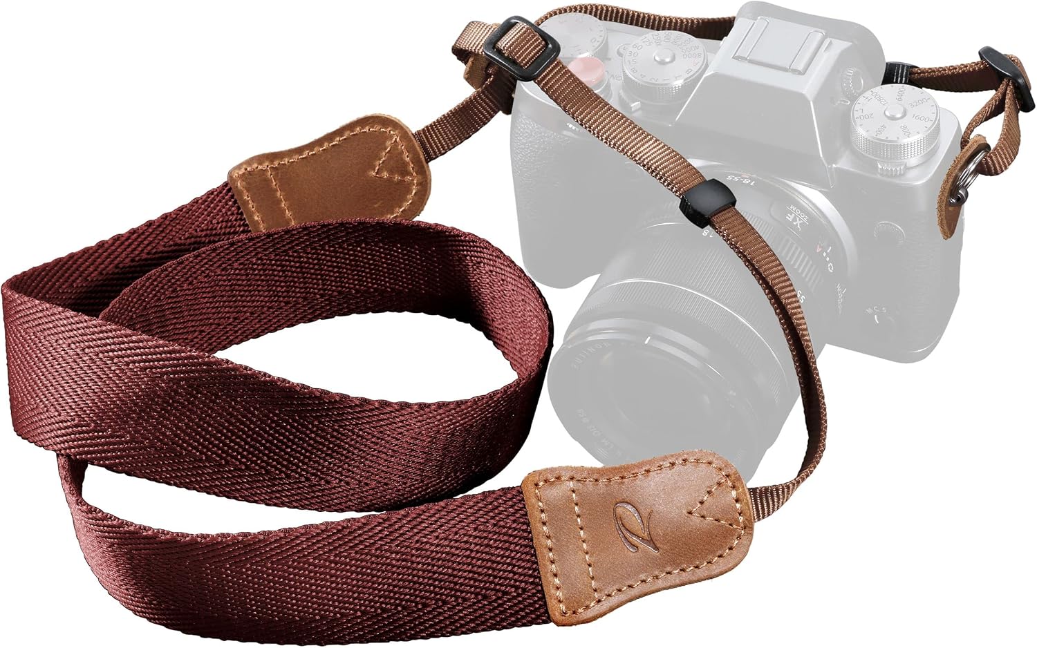 Detalle de Padwa Lifestyle Burgundy Red Camera Strap – Double-layer Crazy Horse Cowhide Ends, 1.5" Wide Cotton Strap