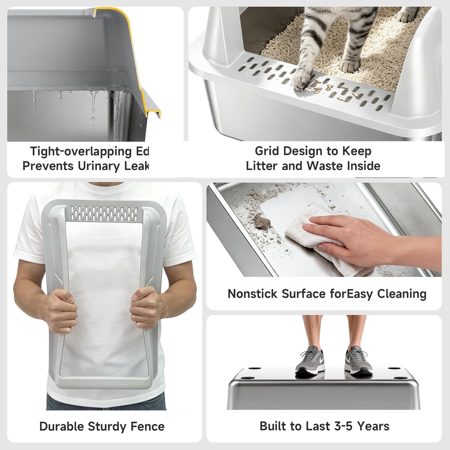 Detalle de OneBug Stainless Steel XL Cat Litter Box with High-Sided Design