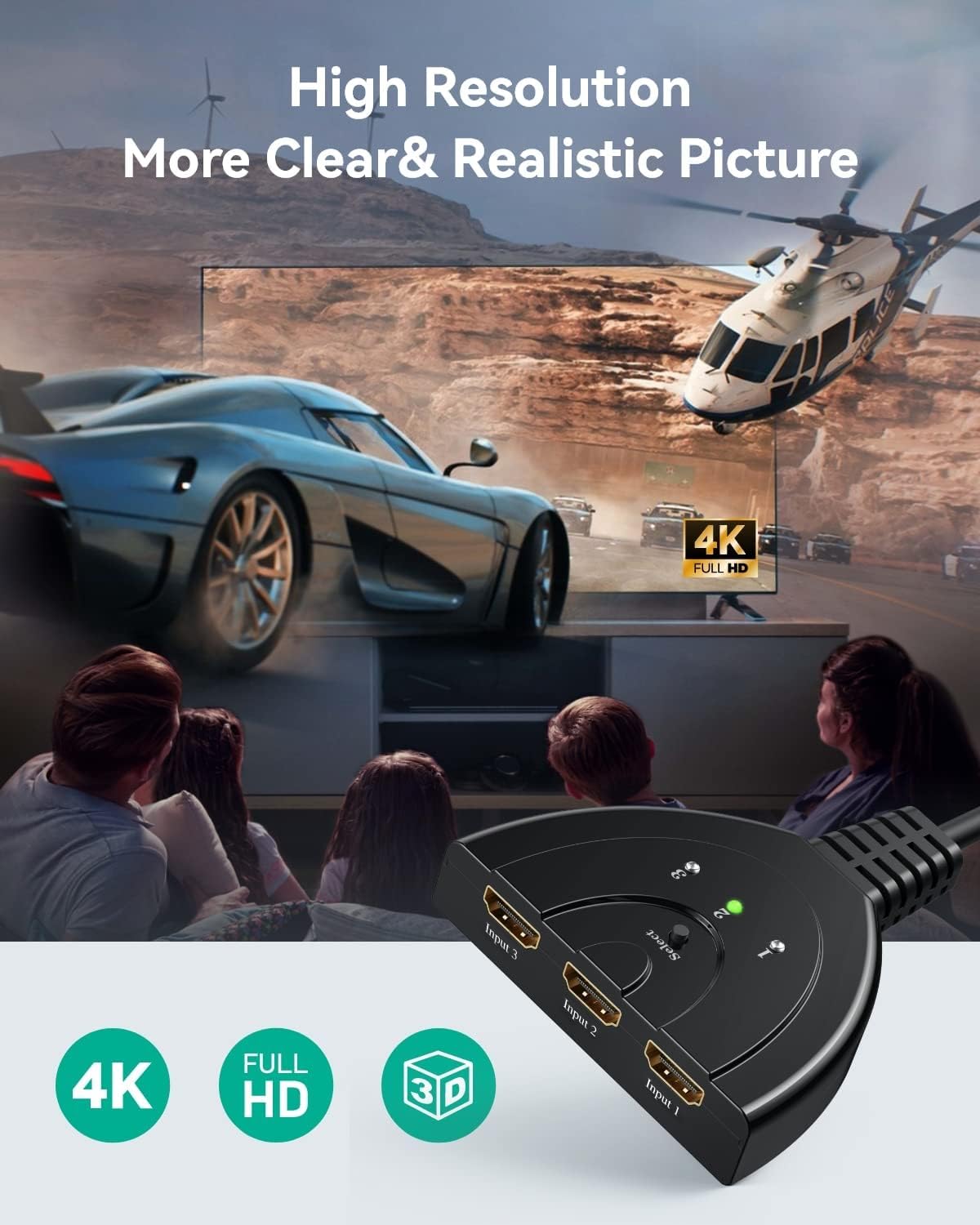 Thumbnail 5 de GANA HDMI Switch 3 in 1 – kompakter 3 Eingänge, 1 Ausgang, 4K UHD @30Hz