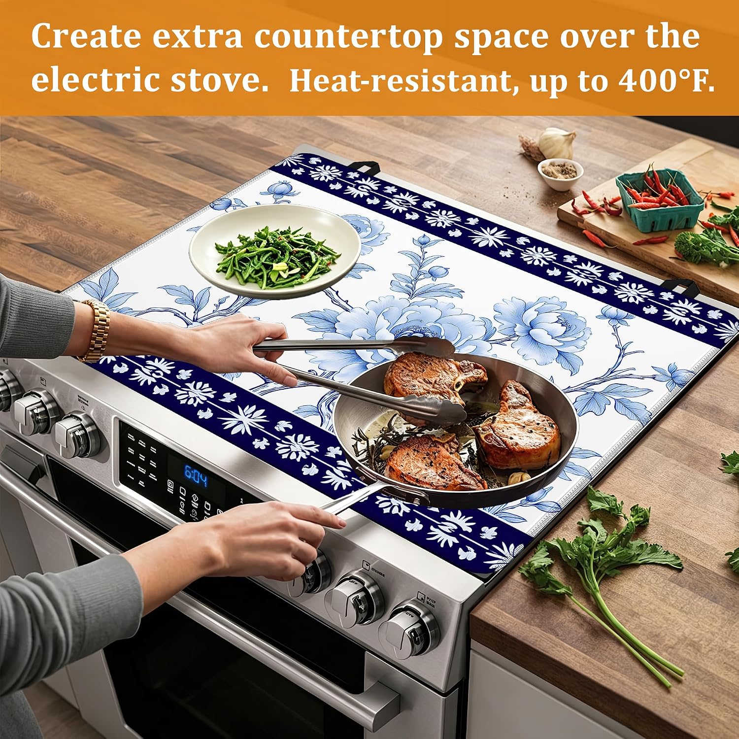 Detalle 2 de YIKTI Blue Floral Stove Top Cover, 28 x 20 Inch Heat-Resistant Mat