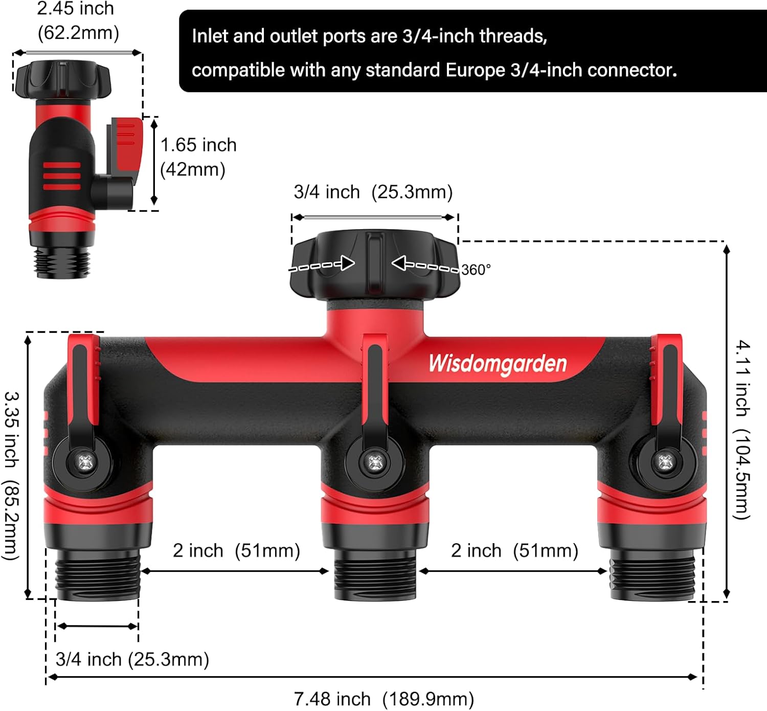 Thumbnail 1 de Wisdomgarden 3-Wege-Wasserverteiler für 3 Geräte am Wasserhahn (3/4 Zoll) – Wasserverteiler rot/schwarz
