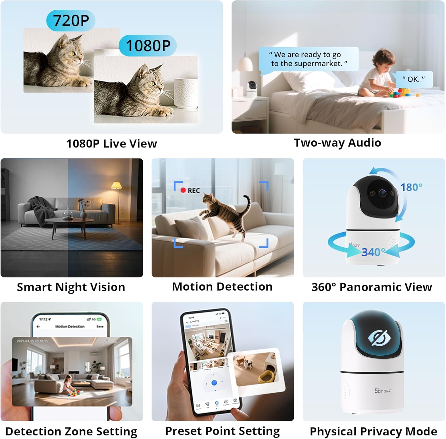 Detalle 2 de SONOFF Indoor Security Camera 1080P CAM-PT2: Pan-Tilt WiFi with 360° View and AI Tracking