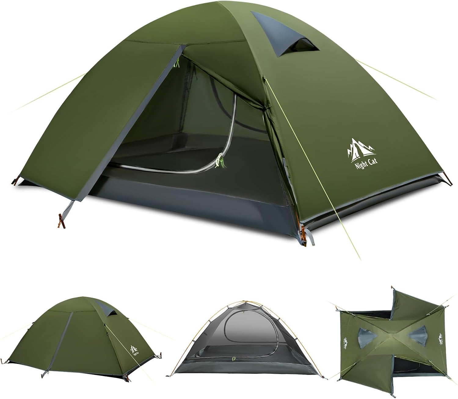 Detalle de Night Cat 2-Person Backpacking Tent, Waterproof Rainfly, Aluminum Poles, Army Green