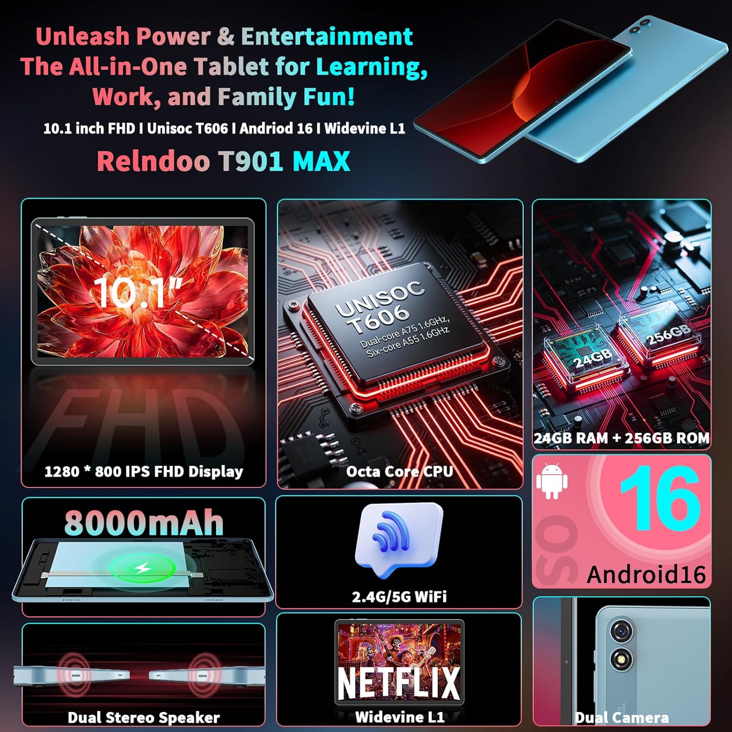 Detalle de Relndoo T901 Android 16 Tablet, 10.1-Inch Display, Keyboard Bundle, 24GB RAM