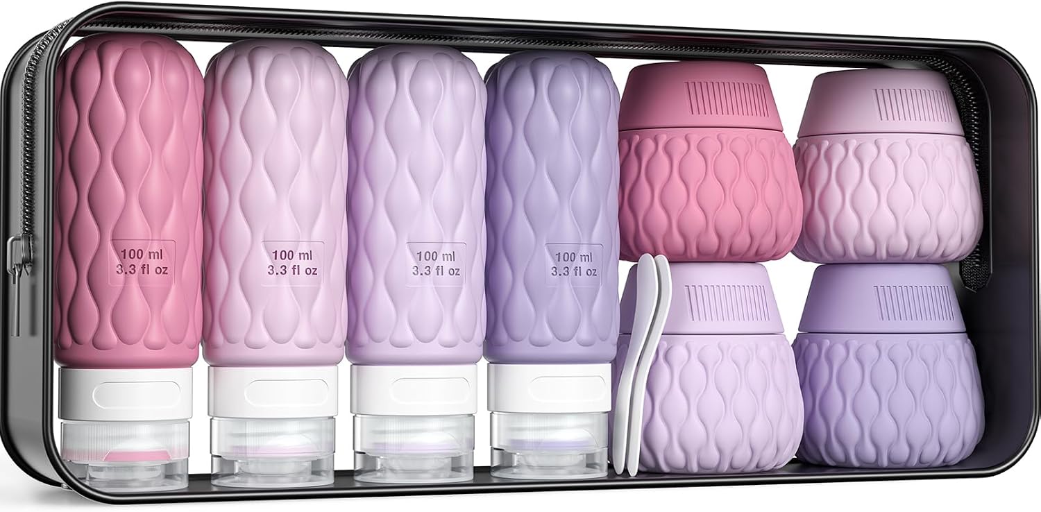 8 Pack Silicone Travel Bottles for Toiletries with Labels and Clear Bag – Leakproof, TSA-Approved Travel Containers