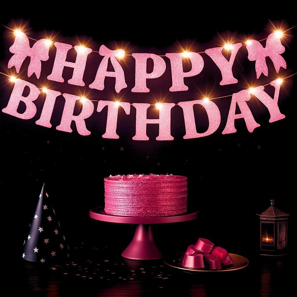 KatchOn Pink Glitter Happy Birthday Banner with Lights – 10 Feet