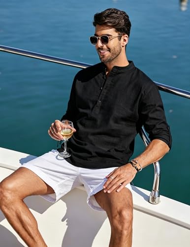 Detalle de Cegerne Camicia Lino Uomo Maniche Lunghe Estiva Traspirante Henley Casual Nero XL