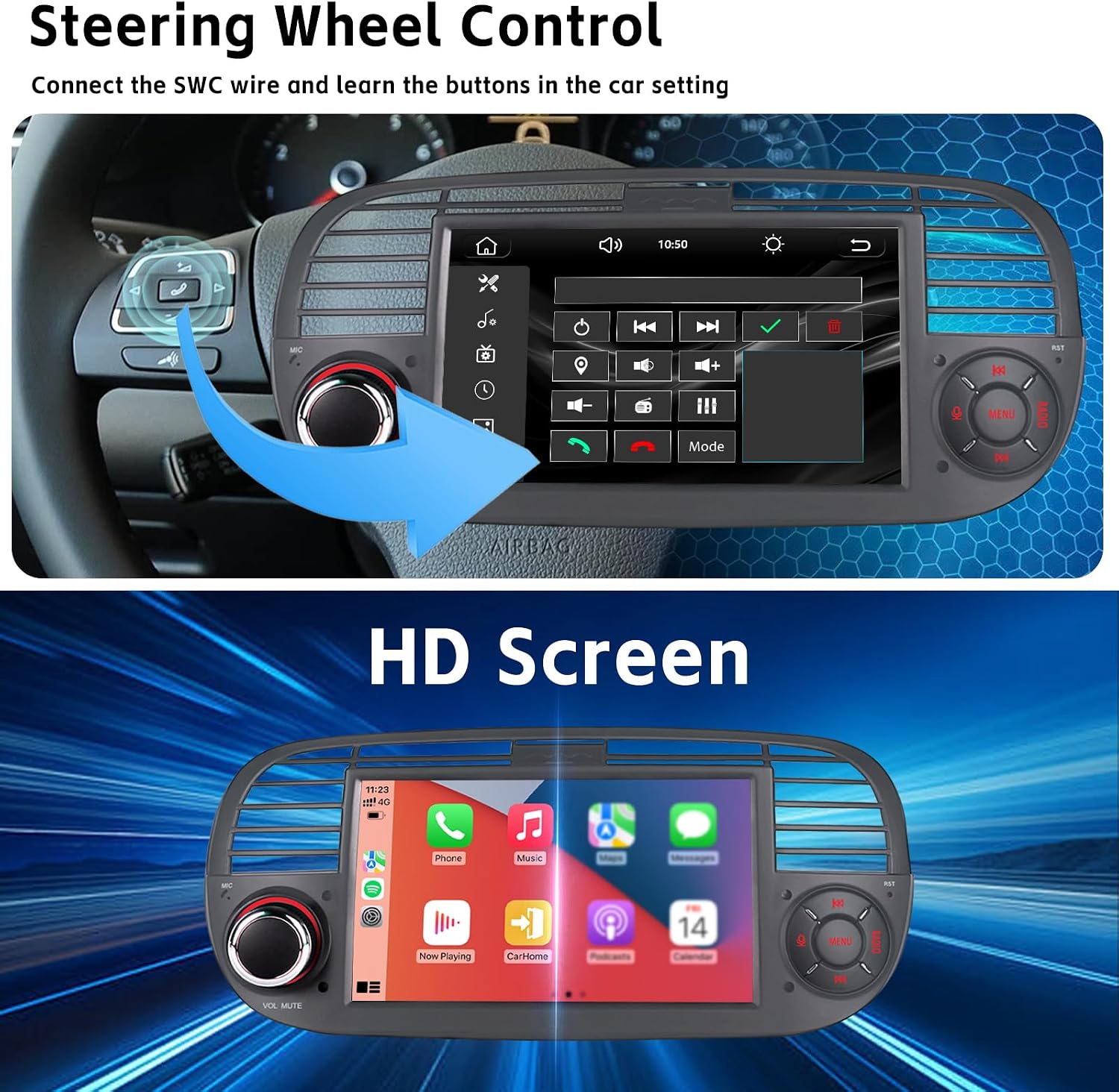 Detalle de Autoradio per Fiat 500 2007-2015 con Car Play/Android Auto wireless, SWC, USB e Mirror Link