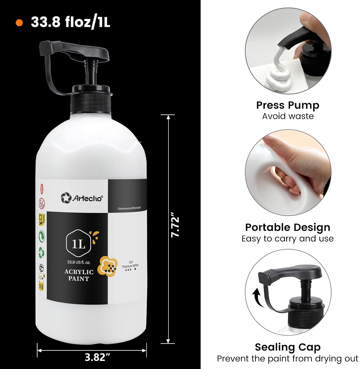 Thumbnail 2 de Artecho Titanium White Acrylic Paint – 1000ml Large Bottle, Non-Toxic Craft Paint for Canvas, Wood, Fabric and More