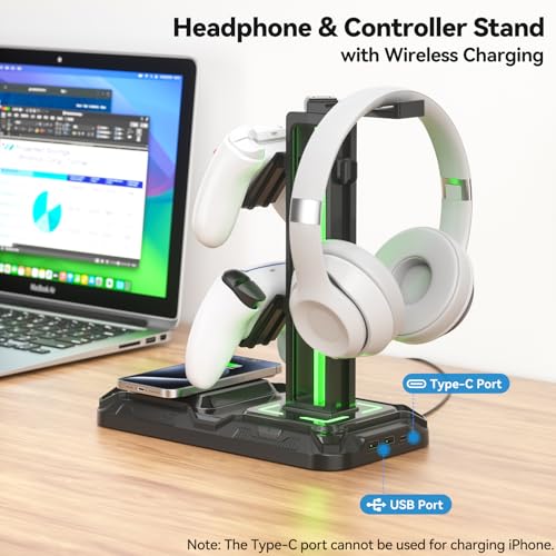 Detalle de KDD LED: Soporte para Auriculares Gaming con Carga Inalámbrica, Mando PS5 y Cascos – 2 USB, USB-C y 9 Modos de Luz