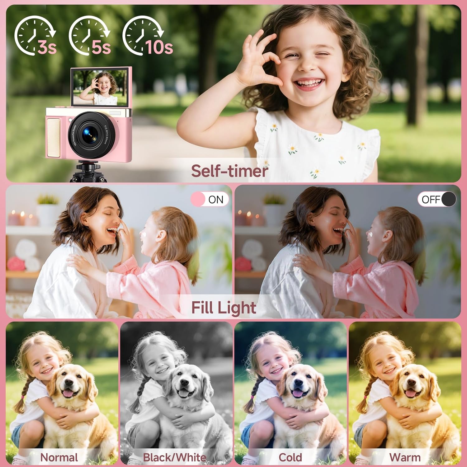 Detalle 2 de 4K 64MP Digital Camera (Pink) with 32GB TF Card, 3" 180° Flip Screen, Autofocus & 16x Zoom