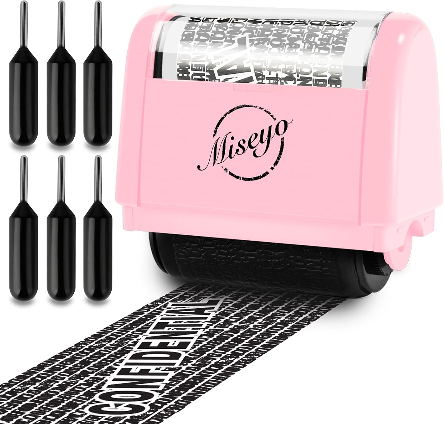 Miseyo Identity Theft Protection Roller Stamp Set (Pink) with 6 Refill Ink