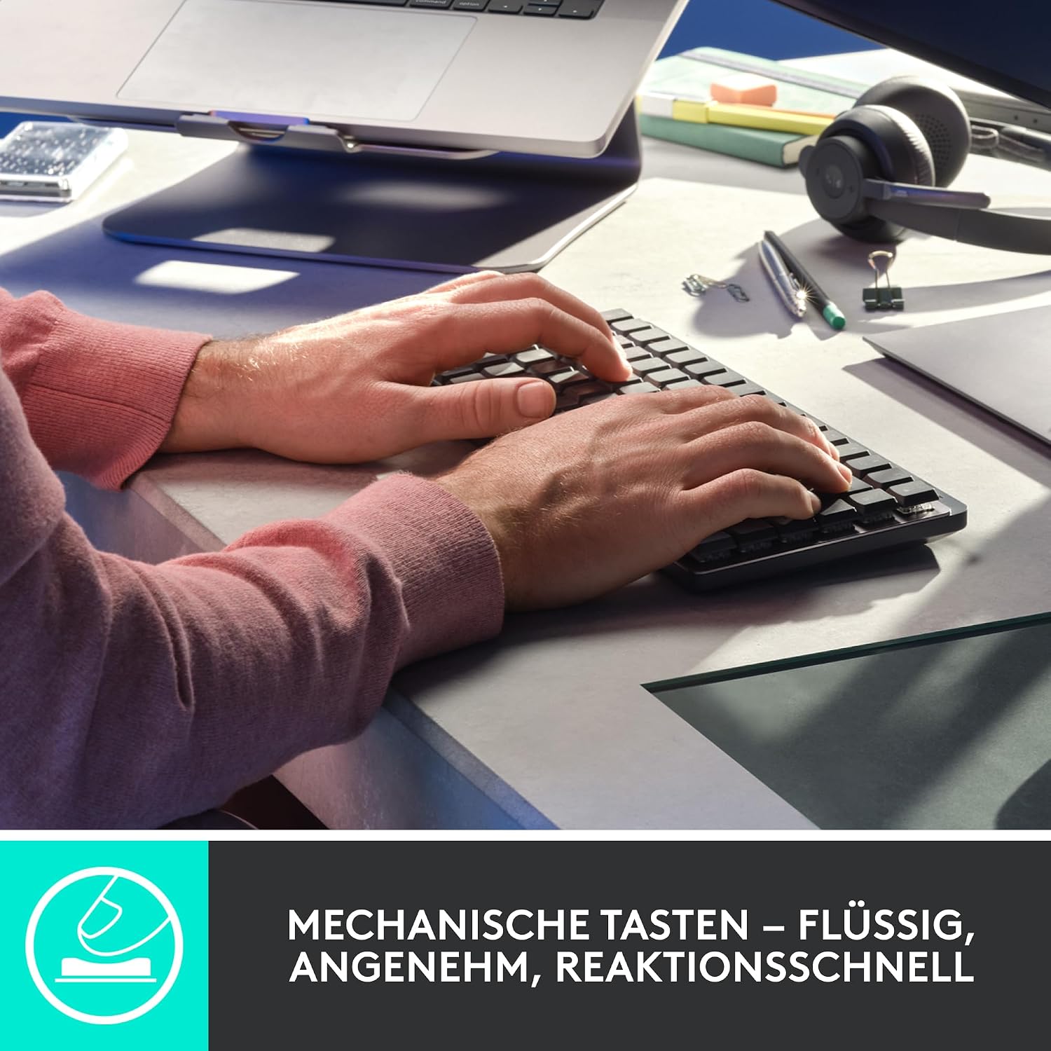 Detalle de Logitech MX Mechanische kabellose Mini-Tastatur mit Beleuchtung – QWERTZ, Grau