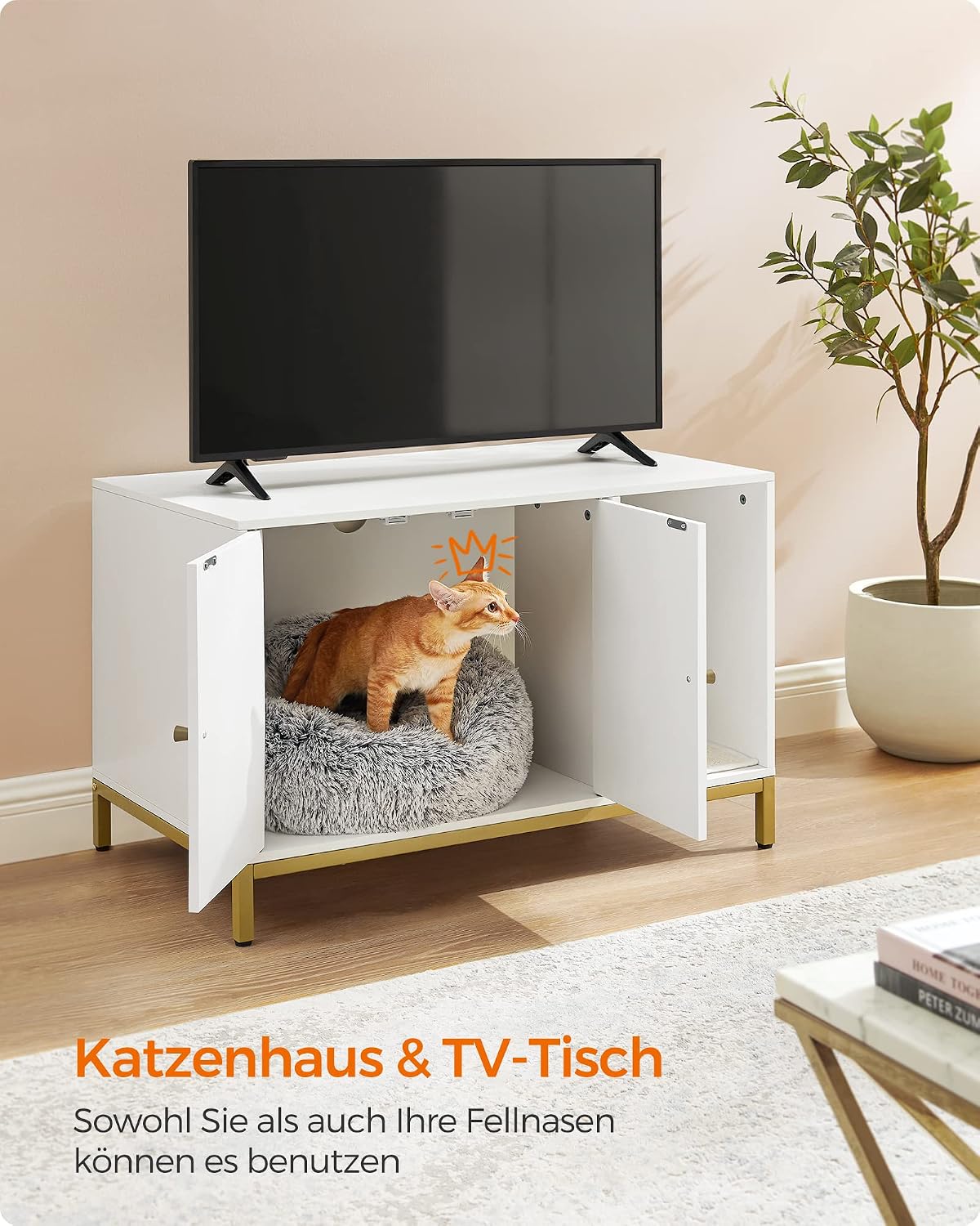 Thumbnail 6 de Feandrea Katzenklo-Schrank PCL007W01 mit Kratzmatte – Katzenhaus und Versteck für die Katzentoilette (80 x 50 x 55 cm) in Weiß-Gold