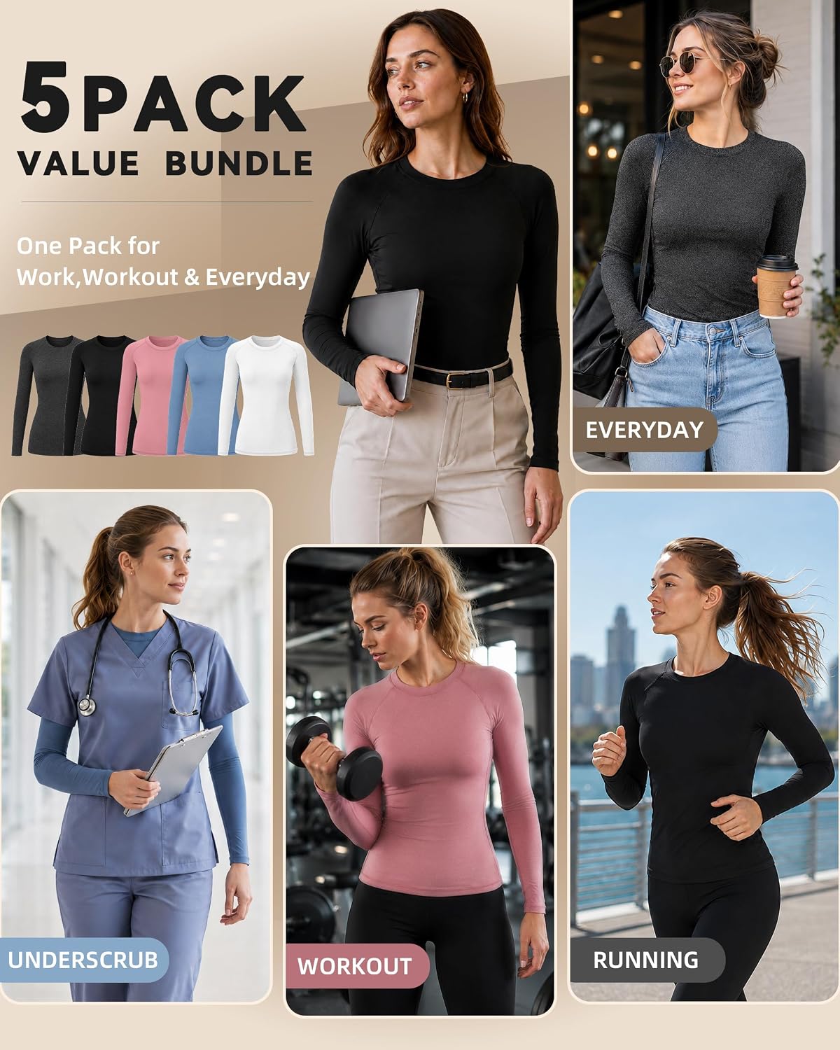 Detalle de Leapstride Women's Compression Shirts 5-Pack