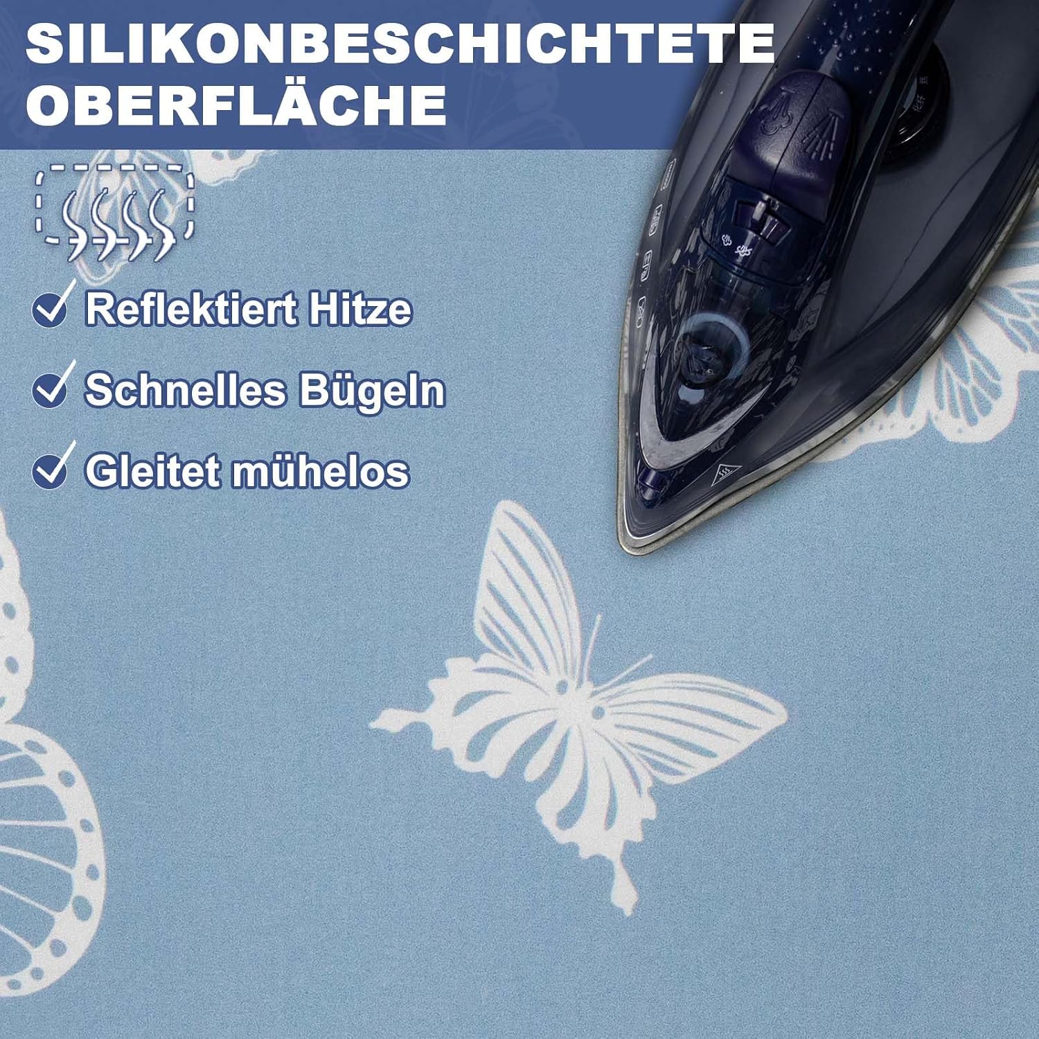 Detalle de Frilodge Bügelbrettbezug mit dicker Polsterung – passend für 120×40 bis 125×45 cm, Elastikband und Klettverschluss, Blau Butterfly